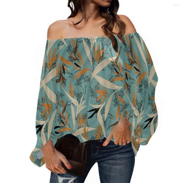 Camicette da donna camicetta in chiffon con spalle scoperte in primavera pullover abbigliamento tribale polinesiano delle Hawaii stampa felce uccello del paradiso signore eleganti