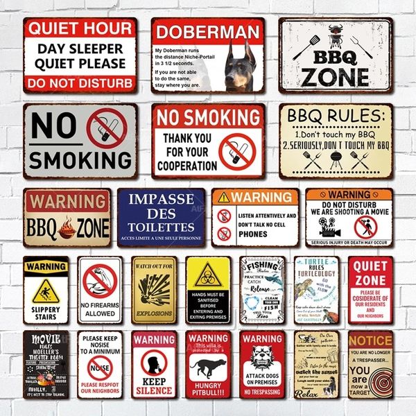 AVISO BBQ SIGN NÃO FUMAR VINTAGE TIN SIP SIGN METAL SIGN Decoração para garagem Zona silenciosa Home Backyard Wall Decoration Placa Placa personalizada Sinais de lata Tamanho 30x20cm W01