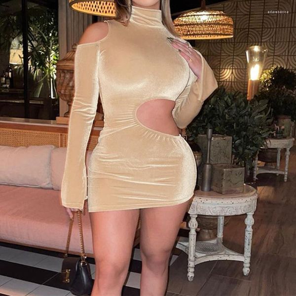 Casual Kleider Frauen Khaki Cut Out Mini Kleid Sexy Samt Bodycon Hohe Streetwear Herbst Stilvolle Hals 2023 Elegante Asymmetrie Wrap