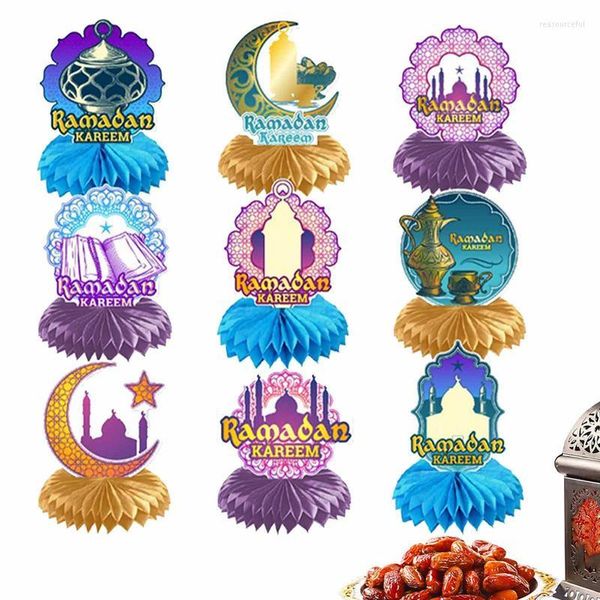 Décoration de fête 9 pièces ornements de Table Eid colorés centres de table en nid d'abeille brillant étoile dorée lune lanterne château Toppers fournitures