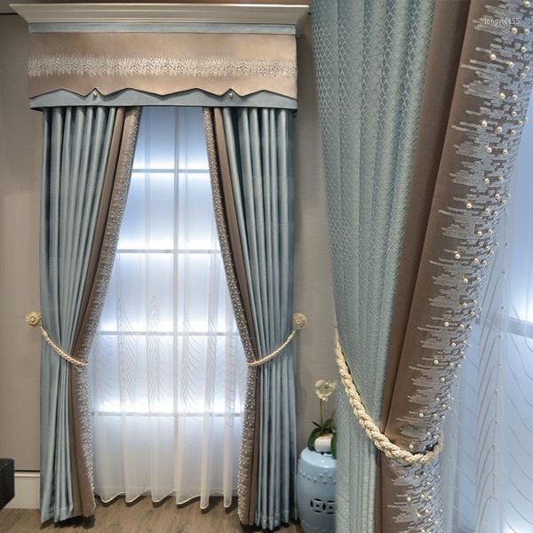 Vorhang Japanischer Stil Einfacher Luxus moderner blauer Nähte hoher Schattierung Balkon Anmut Vorhänge für lebende Esszimmer Schlafzimmer Perlenspitze