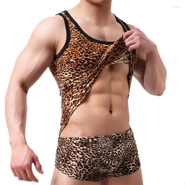 Herren Tank Tops Herren Top Mann Ärmellose Unterhemden Sexy Leopard Männliche Weste Boxer Unterwäsche Sets Männer Eng Anliegende Stretch Gym