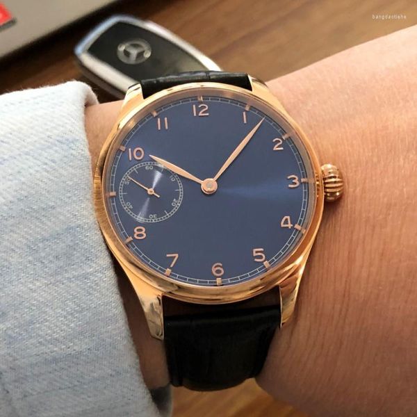 Armbanduhren 41mm Geervo No Logo Blaues Zifferblatt Asian ET6497 Skelettbewegung Plattierung 18K Roségold -Hülle Mechanik Wache