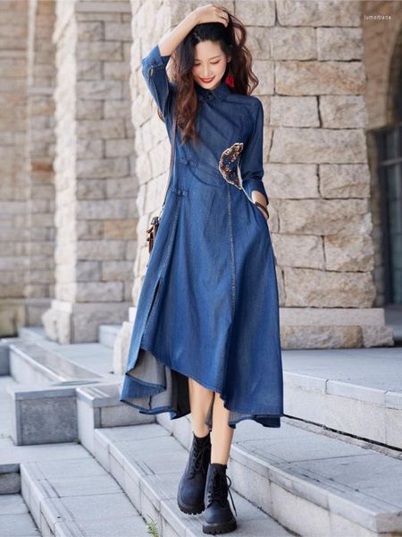 Vestidos casuais qpfjqd senhoras lrregular algodão chinês estilo azul jeans vestido 2023 feminino outono bordado retro solto