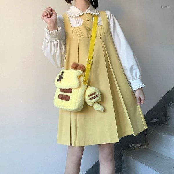 Vestidos casuais houzhou kawaii vestido mulher verão deslizamento amarelo curto doce tanque fofo tanque lolita estilo preppy halter jk uniforme