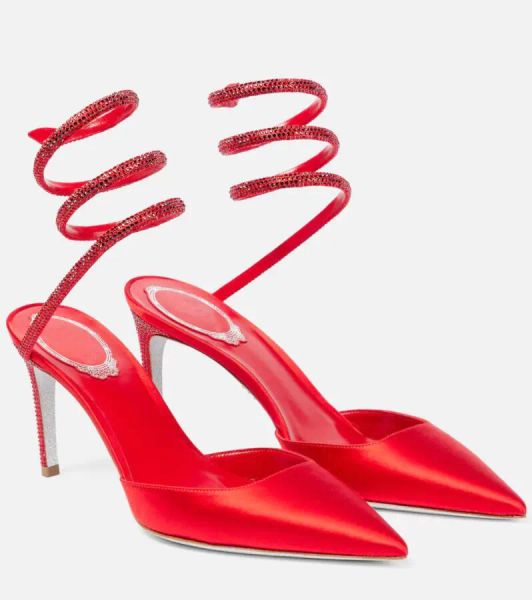 Luxus-Designer-Frau, rote Sandale, Braut, Hochzeitsfest, Kleid, Pumps, Marken-High-Heels, verzierte Satin-Pumps von Rene-c Cleo, spitze Zehen-Sling-Sandalen, Strass-Riemen-Pumps