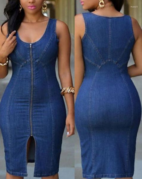 Günlük elbiseler kolsuz fermuarlı detay midi denim elbise kepçe boyun yaz düz sıska günlük moda kadın denimleri