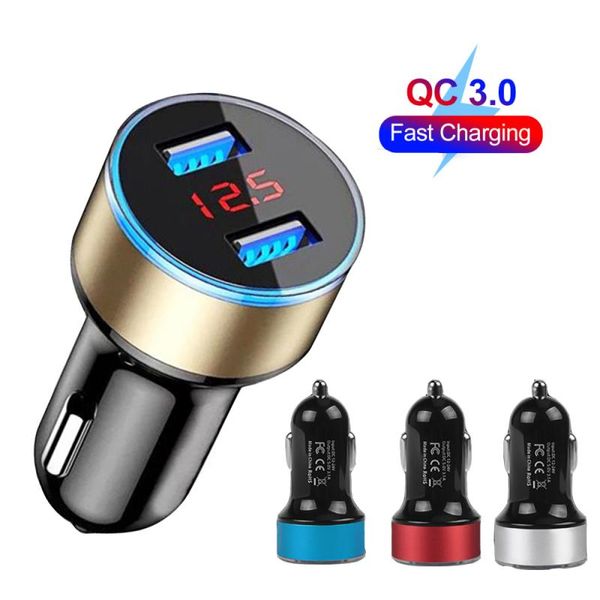 Araba Şarj Cihazı Çift USB QC 3.0 Adaptör Adaptör Çakır LED LED Voltmetre Tüm Türler için Cep Telefon Şarj Cihazları Akıllı Çift Otomatik Şarj