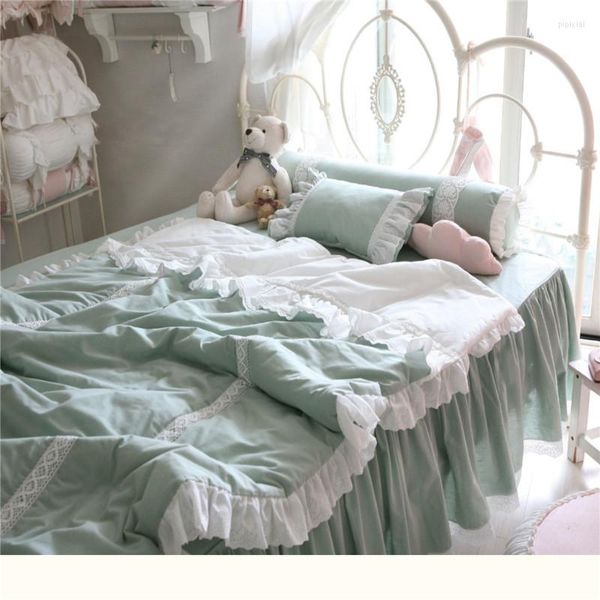 Defina a cama de cor coreana de cor coreana Princesa renda romântica bordada verde algodão puro de algodão puro ropa de cama de cama yw