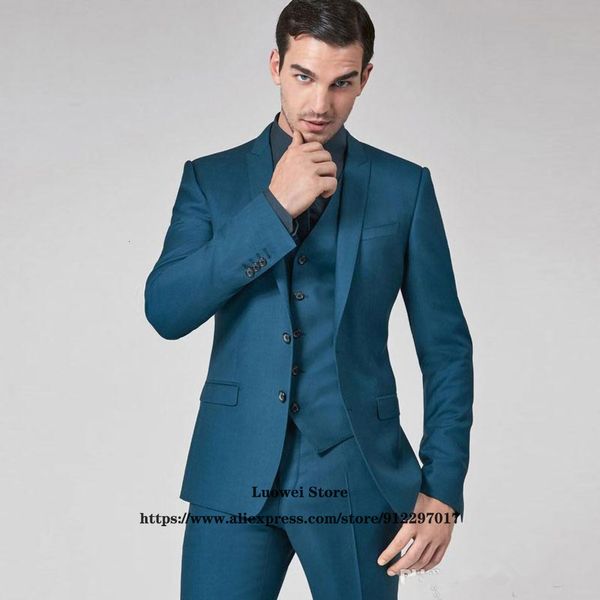 Abiti da uomo Blazer Classic Teal Business Slim Fit Abiti da uomo 3 pezzi Giacca Gilet Pantaloni Set Sposo Matrimonio Risvolto con visiera Smoking Blazer formale Masculino 230303