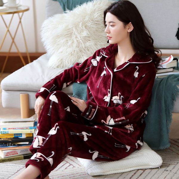 Pijamas de flanela por atacado de roupas de dormir femininas Conjunto de outono de outono 22 estilo Birds Birds Cartoon Mulheres Manga Longa Slee Sleep