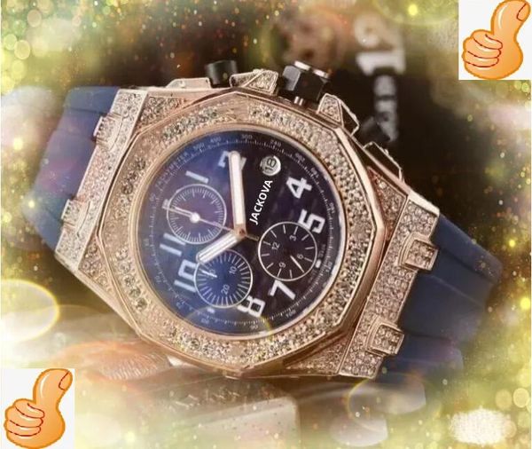 Tutti i quadranti funzionano famosi orologi da uomo di stop orologi da uomo diamanti anello completo orologio funzionale in gomma in acciaio inossidabile calendario quarzo Calendario arcobaleno cornice Super Watch Regali