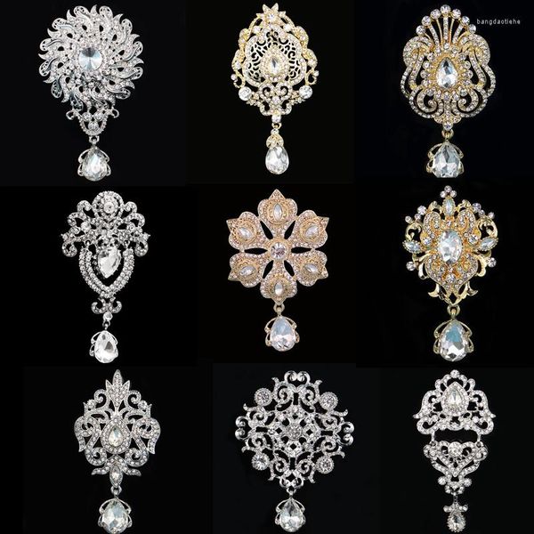 Broşlar Diezi Vintage Altın Gümüş Renk Kristal Düğün Kadınlar Elbise Rhinestone Bridal Buket Su Damlası Broş Pimleri