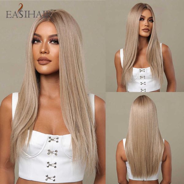 Synthetische Perücken Easihair Straight Long Lace Front Synthetische Perücke Blond Natürlich T-Teil für Frauen Cosplay High Density Hitzebeständig 230227