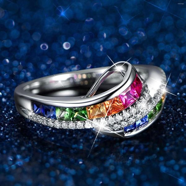 Fedi nuziali Anello gioielli Lusso splendido colore Diamante Zircone Argento 925 Linea nera Semplice regalo di compleanno geometrico