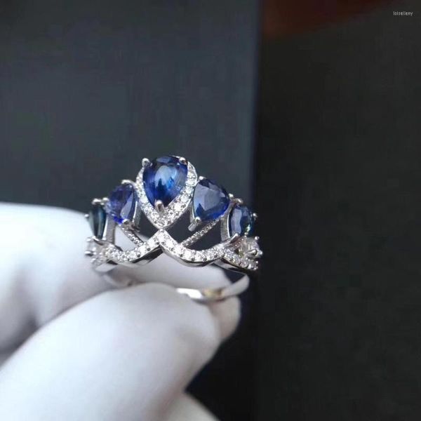 Ringos de cluster Anel de casamento Sapphire Natural Real Blue 925 Sterling Silver para sua esposa amada