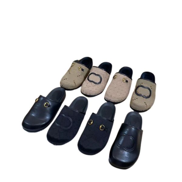 5A Deri Kadın Terlik Yeni Moda Erkek Tasarımcı Ayakkabı Lüks Marka Harf Muller Ayakkabı Matal Toka Scuffs Açık Plaj Otel Baotou Yuvarlak Burun Kaymaz EUR36-44