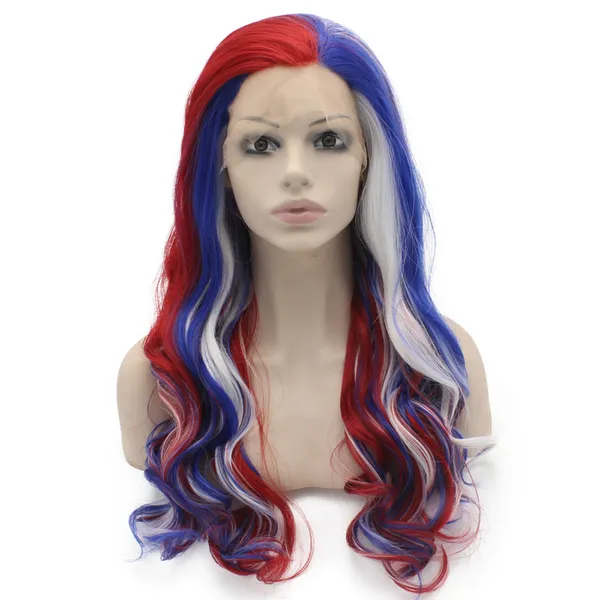 Wavy Wavy Wavy azul vermelho branco de calor amigável para cabelos sintéticos Festa de cosplay da peruca frontal