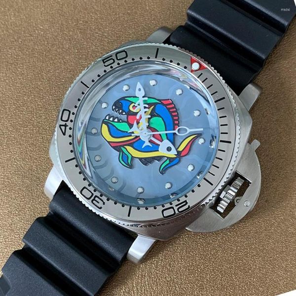 Orologi da polso GEERVO No Logo 42mm Orologi da uomo Cassa in acciaio inossidabile 316L NH35 Movimento automatico Denti luminosi Quadrante pesce GR76-22