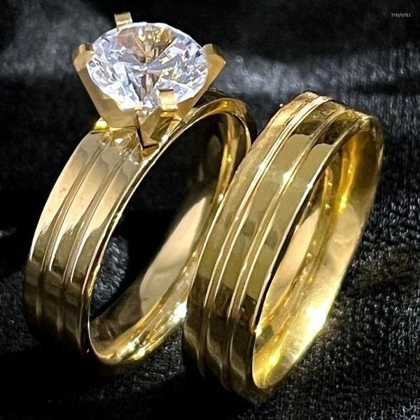 Cluster-Ringe 2023 Klassische Damen-Hochzeitsmode Goldbarrenform Schillernde CZ-Verlobung Ein Paar RingeRinge Schmuck