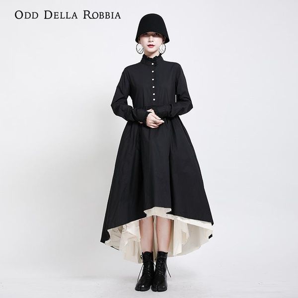 Lässige Kleider OddDellaRobbia Damen Japanisches Vintage-Elegantes Stehkragen-Einreiherkleid Schwarz Weiß Nähte Fransen Tutu-Rock 1