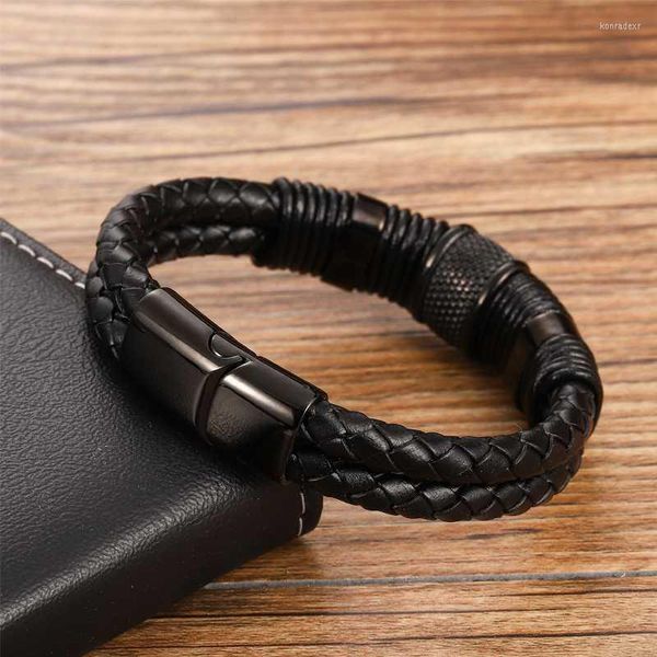 Braccialetti con ciondoli MingAo Charkra in acciaio inossidabile nero magnetico per uomo Braccialetti da tennis in pelle Accessori per gioielli Amici