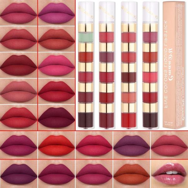 Lip Gloss 5 In 1 Matte Lippenstift Samt Sexy Rot Farbton Langlebig Antihaft Tasse Set Öl Weibliche Make-Up werkzeug Kosmetik Kit