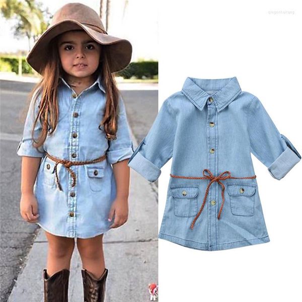 Vestidos de menina roupas meninas jeans jeans curto vestido criança outumn jean manga longa camisa de festa casual para crianças