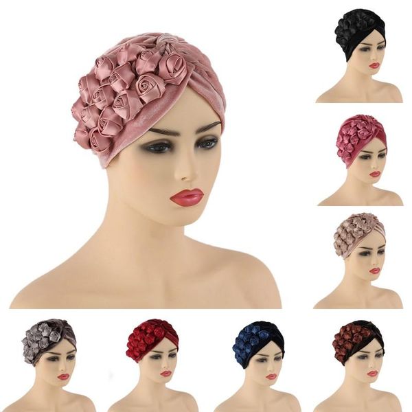 Berretti Beanie/Skull Caps Dubai Ladies Velvet Rosette Fashion Women's Turban Party Bonnet With Flowers Wrapped Hair Headwear Hat Vintage Top