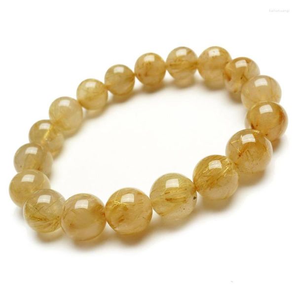 Strang 12mm Echtes Natürliches Gelbgold Haar Titan Rutilquarz Armband Kristall Runde Lose Perle Stretch Charm Frauen