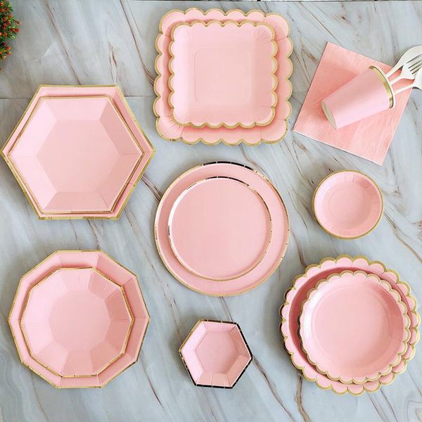 Denu -underware descartável Gold Pink Tableware Conjunto de papel Placas de papel guardanapos de copo de copo Decoração de casamento Decoração de garotas