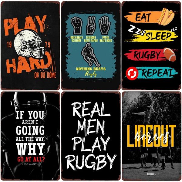 Homens reais jogam rugby vintage metal pintando placa de futebol americano metal lata sigil bar club de café caseira decoração de parede de lineman art poster 30x20cm w03