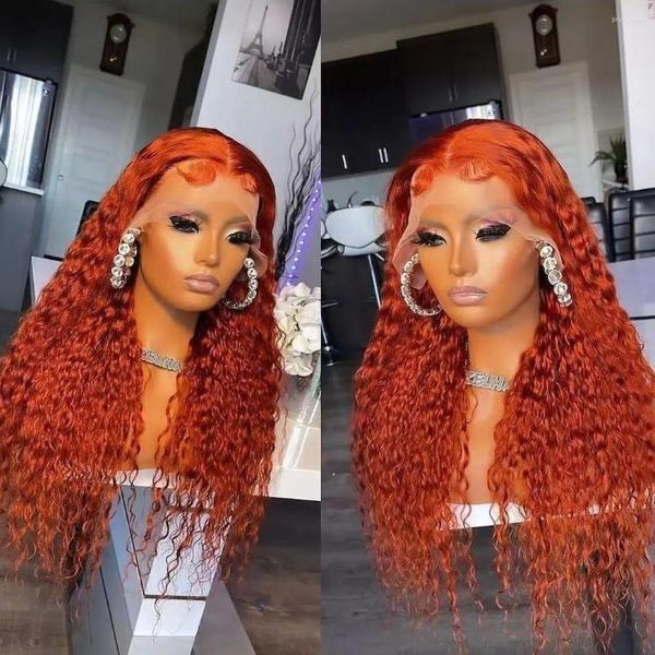 Zencefil turuncu renk su dalgası kıvırcık peruk 13x4 dantel ön insan saç perukları kadın için derin vurgu