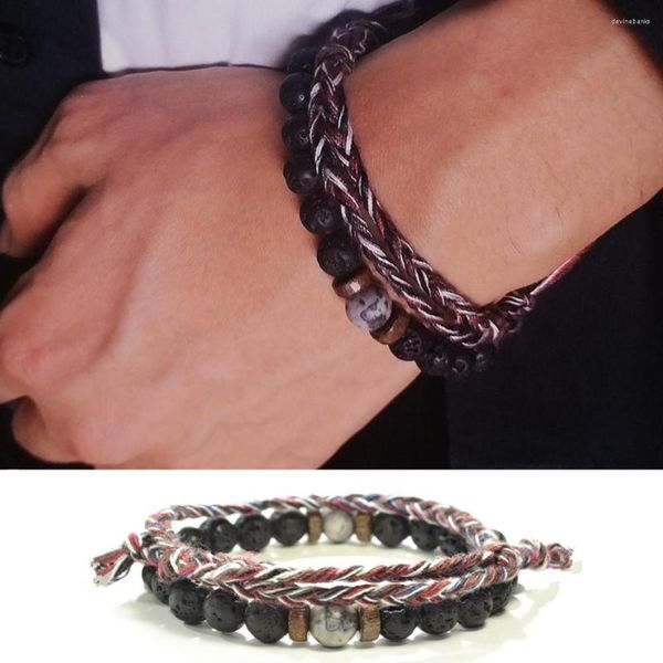 Strand Tibet Buda Doğal Lav Taş Difüzör Boncuklar Bangles Bilezik Etnik Dokunma Şanslı Muska Kadın Erkekler Halat Charm Wish String