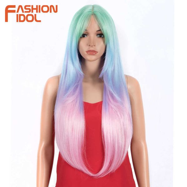 Perucas sintéticas Moda ídolo longa peruca reta com franja perucas sintéticas para mulheres negras 32 polegadas resistentes ao calor Ombre Rainbow Cosplay Hair 230227