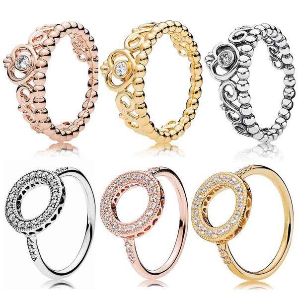 925 Серебряные женщины подходят кольцо Пандоры Оригинальные Сердце Корона Модные кольца Розовое золото сияние