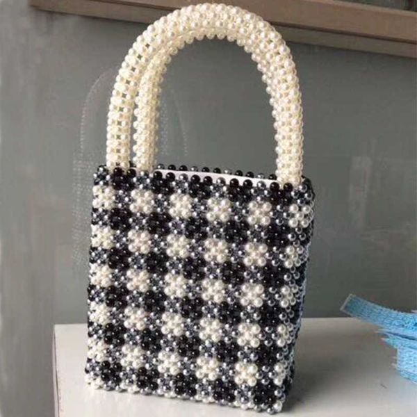 Borsa a quadretti in bianco e nero con perline artificiali Perla estiva Puro stile londinese artificiale da donna sfumato 230304