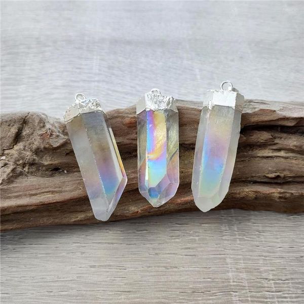 Colares pendentes Fuwo ângulo Aura Clear Quartz Point Tampa de prata Colar branco Colar de colar de cristal para jóias Fazendo PD366 5pcs/lote