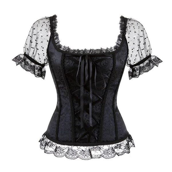 Damenblusen Hemden Schwarz Weiß Vintage Lolita Viktorianische Bluse 2023 Puffärmel Schnürung Elastisch Steampunk Plus Size Damenkleidung Fem