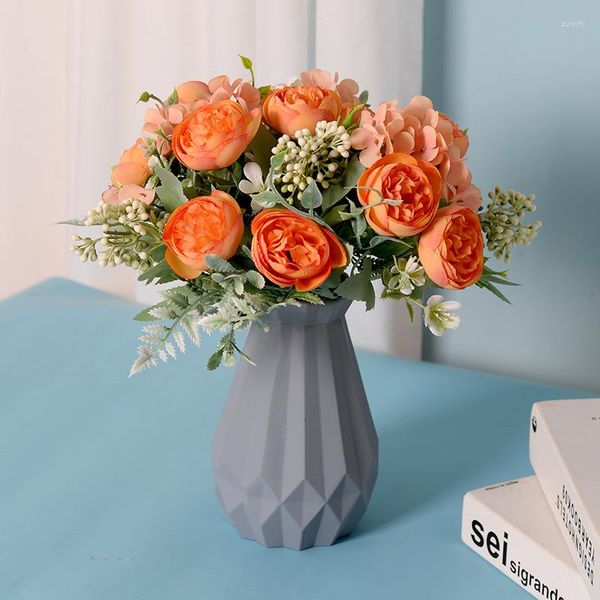 Flores decorativas que vendem belo rosa peony peonial seda artificial pequeno buquê laranja casal festa de inverno decoração de casamento falso