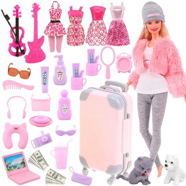 Toptan 43 PCS Barbies Bebek Giyim Pembe Giysiler Ayakkabı Aksesuarları Seyahat Bavul Suit Fit 18inch Amerikan Kız Oyuncakları İyi Kalite