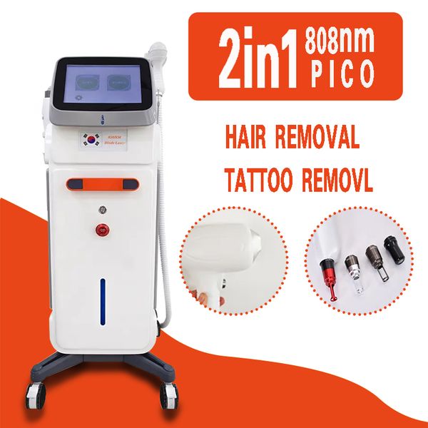 Professionelle 808-nm-Diodenlaser-Haarentfernbare Hautpflege Schrumpfporen Faltenentfernung Hochleistungs-Schönheitsmaschine Pico ND Yag Tattoo-Entfernungsgerät 2 Griffe 3 Wellen