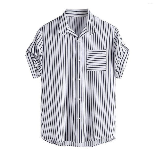T-shirt da uomo Camicia primavera-estate da uomo Colletto con risvolto a righe Tasca casual Manica corta Camicette eleganti con bottoni alla moda