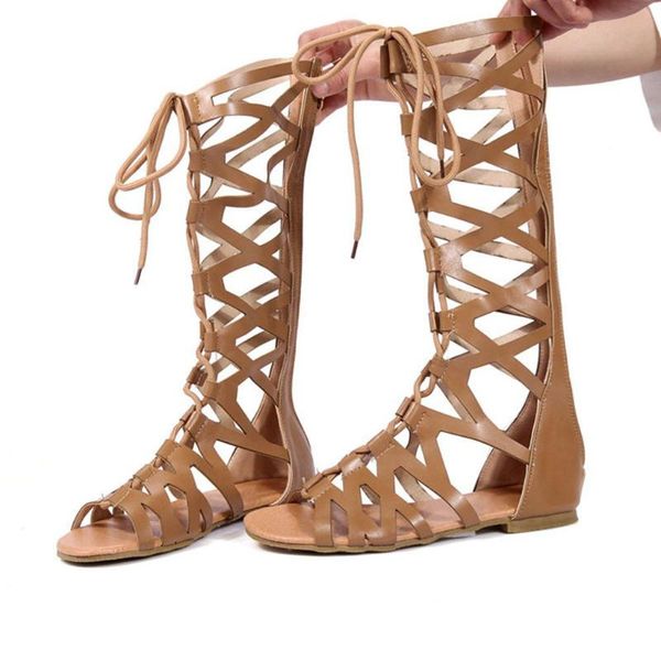 Sandalen Römische Gladiator Bandage Frauen Kniehohe Flache Alias Botas Femininas Schuhe Mädchen Sommer Hohl Ankle Boot J25