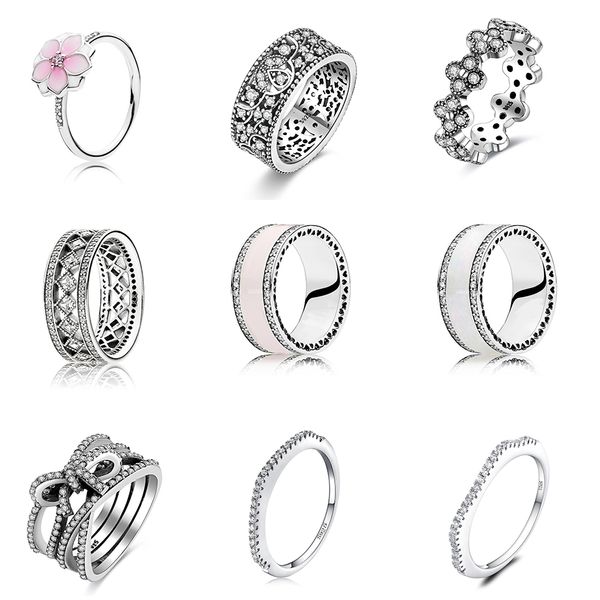 925 Silber Frauen Fit Pandora Ring Original Herz Krone Mode Ringe Rosa Blume Diy Weiß Epoxy Runde Form Kristall finger