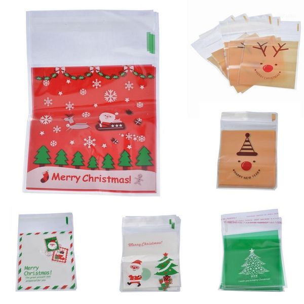 Decorações de Natal 50pc Sacos de self -selagem de plástico biscoitos de doces do presente do presente do presente de bolsa de bolsa de bolsa de bola de ano1