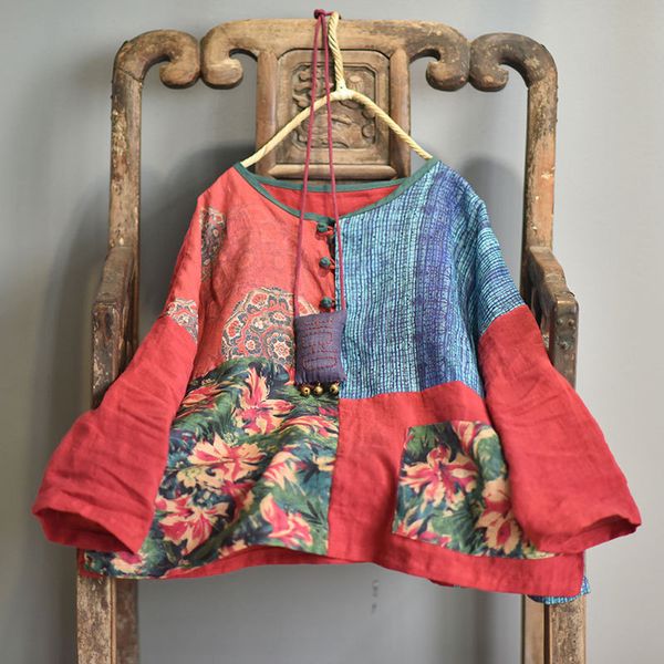 Рубашка для женских блузков весна осенняя пэчворчатая пучка льняная блузка свободные топы