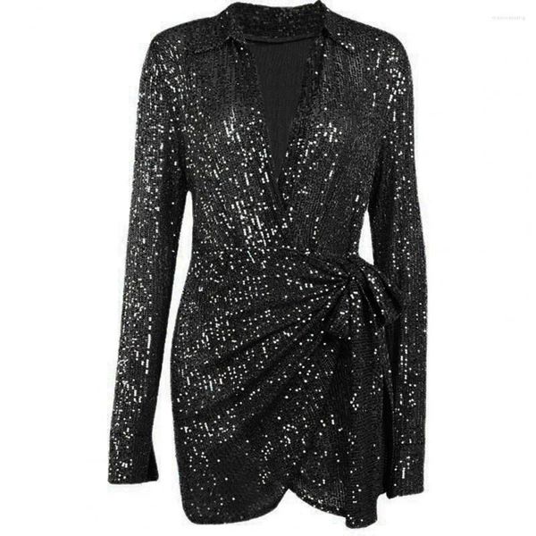 Casual Kleider Unregelmäßige Saum Chic Frühling Herbst Taille Spitze-up Hemd Kleid High-taille Party Shinny Pailletten Weibliche Clothinguyyn