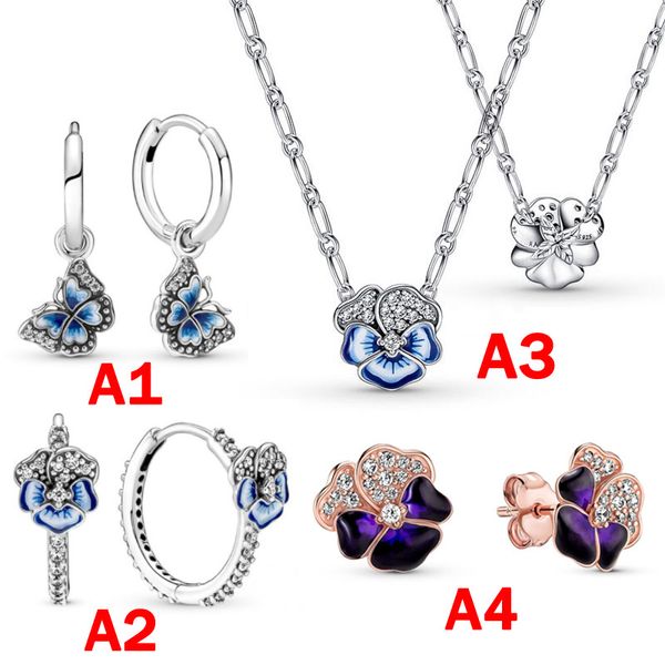 Pandora S925 Sterling Silber Blaue Hose Blumen Halskette Schmetterling Creolen Geeignet für Halskette DIY Modeschmuck