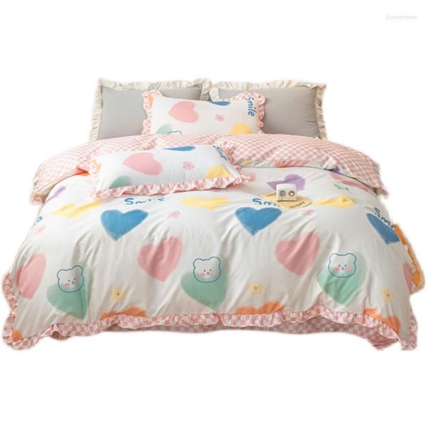 Bettwäsche-Sets, Prinzessin-Stil, Bett, vierteilig, komplett aus reiner Baumwolle, kleines frisches Blatt, Bettbezug, dreiteilig, ausgestattet, 4